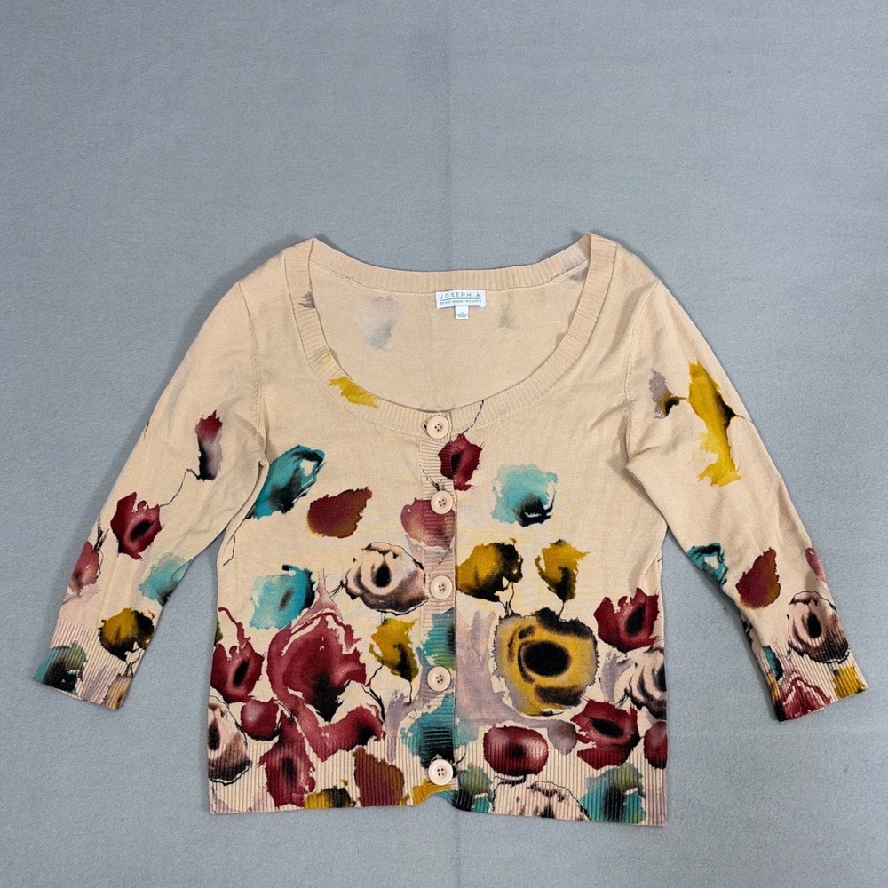 Joseph A Womens Beige Floral Watercolor Button Front Cardigan Sweater Size M